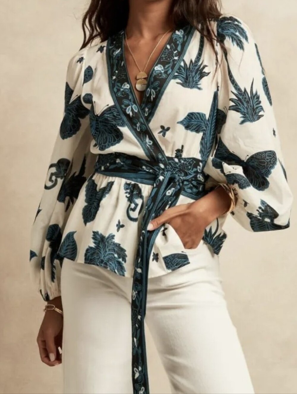 Banana Republic White & Blue Batik Balloon Sleeve Butterfly Wrap Top (Size SP)